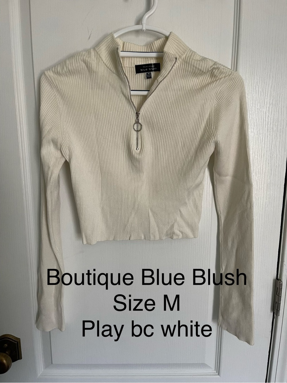 Cream Ribbed Half-Zip Crop Top